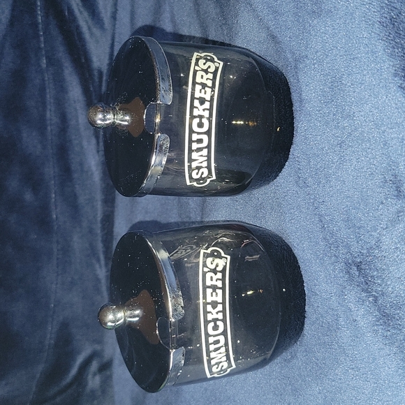 Smuckers: Vintage Smucker's Jelly Smoked Glass Serving Jars & Chrome Stand - Picture 2 of 5